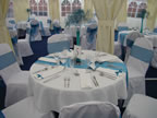 White Chair Covers and Teal Sashes